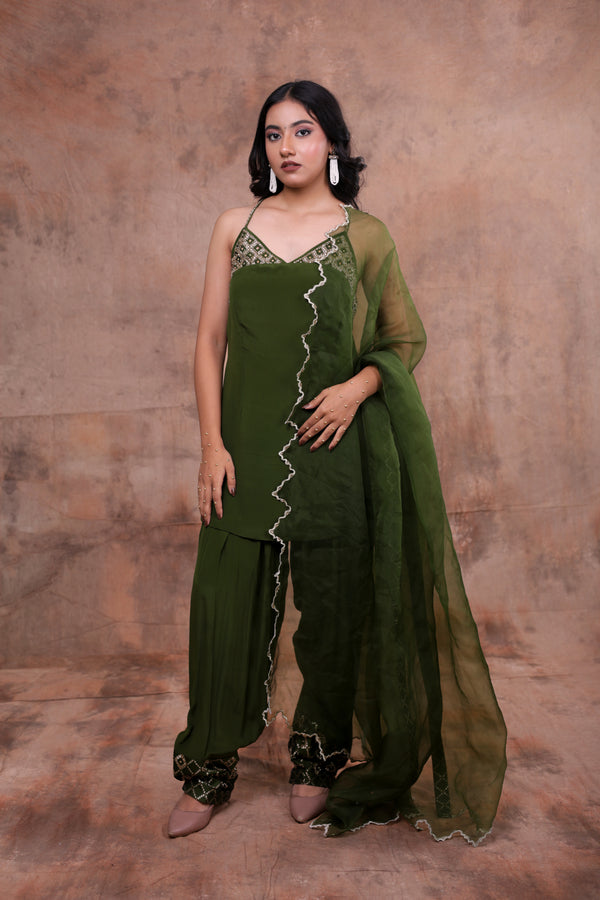 Olive Green Embroidered Sharara Set with Organza Dupatta