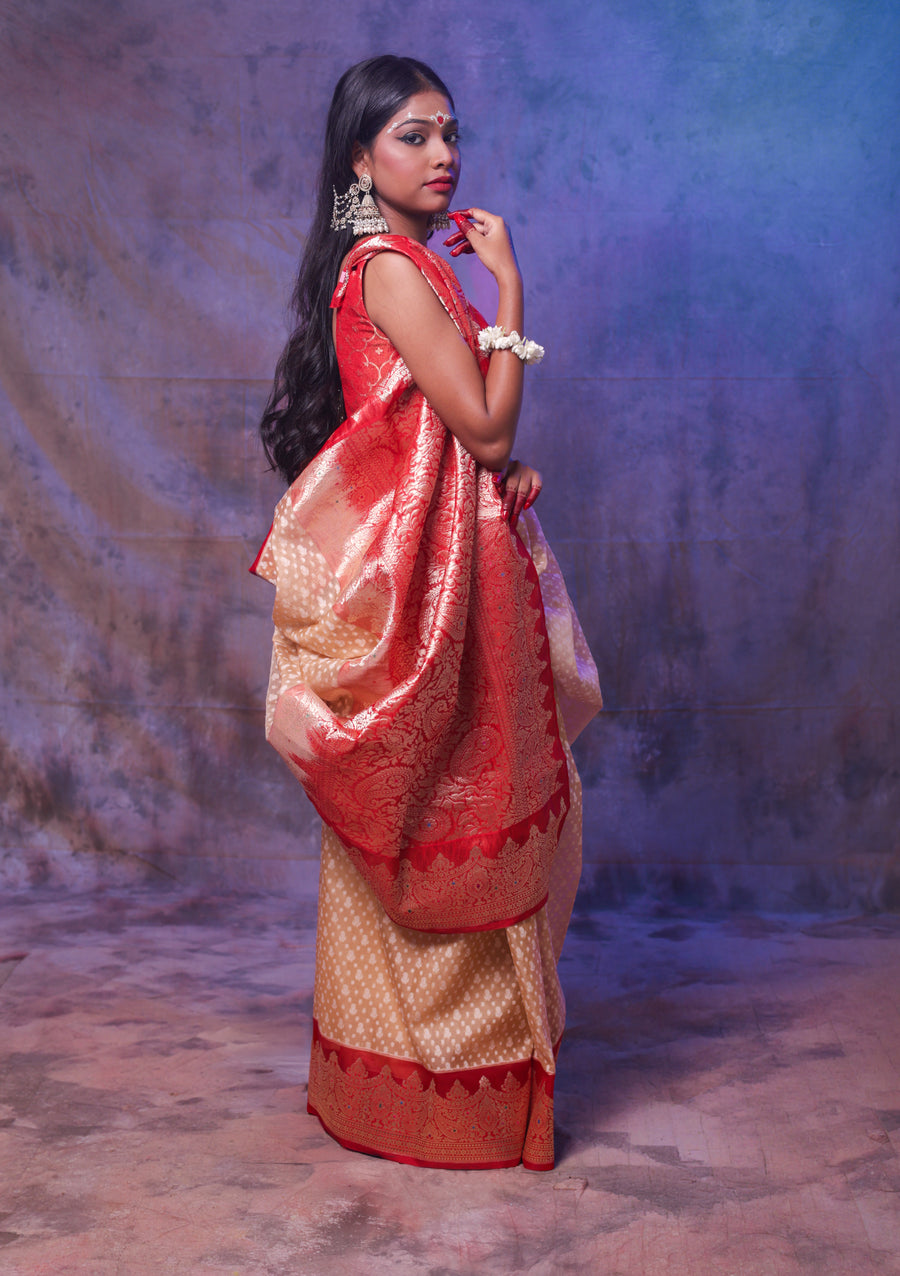 Beige & Red Banarasi Zari Buti Silk Saree