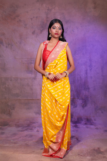 Sunlit Banarasi Yellow Saree with Red Zari Border