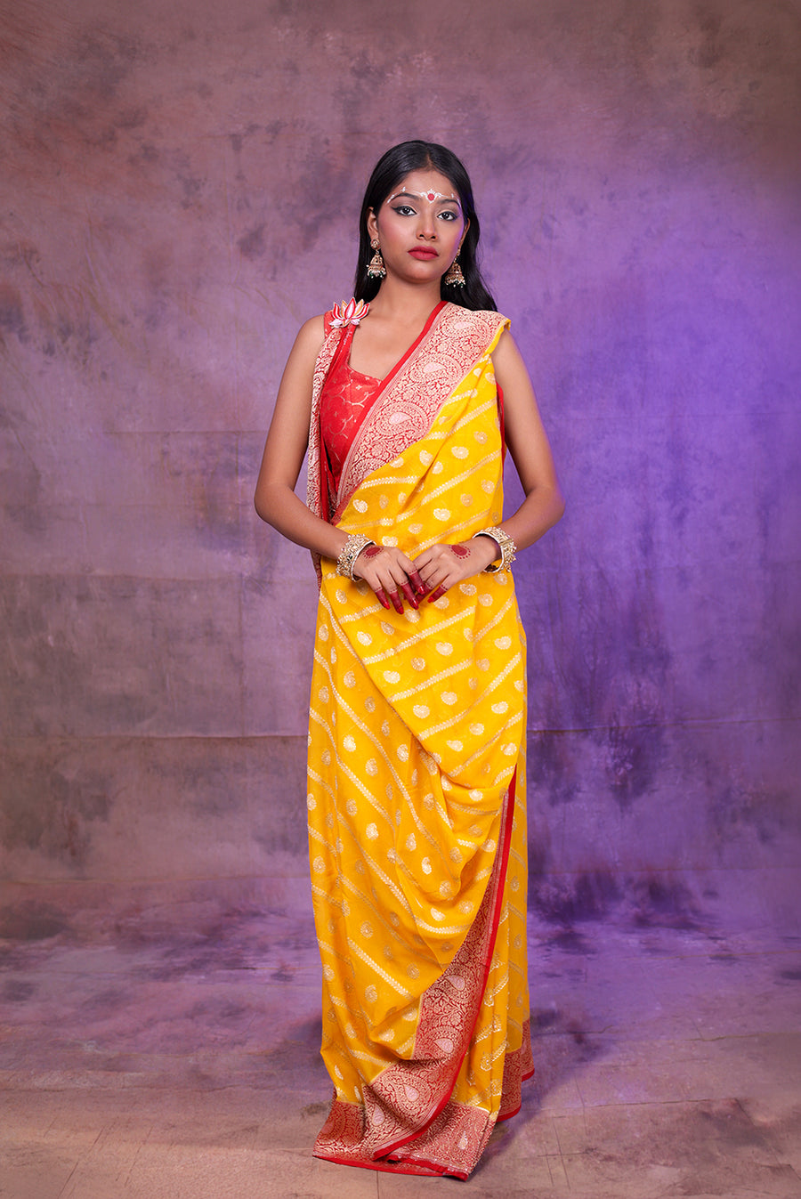 Sunlit Banarasi Yellow Saree with Red Zari Border