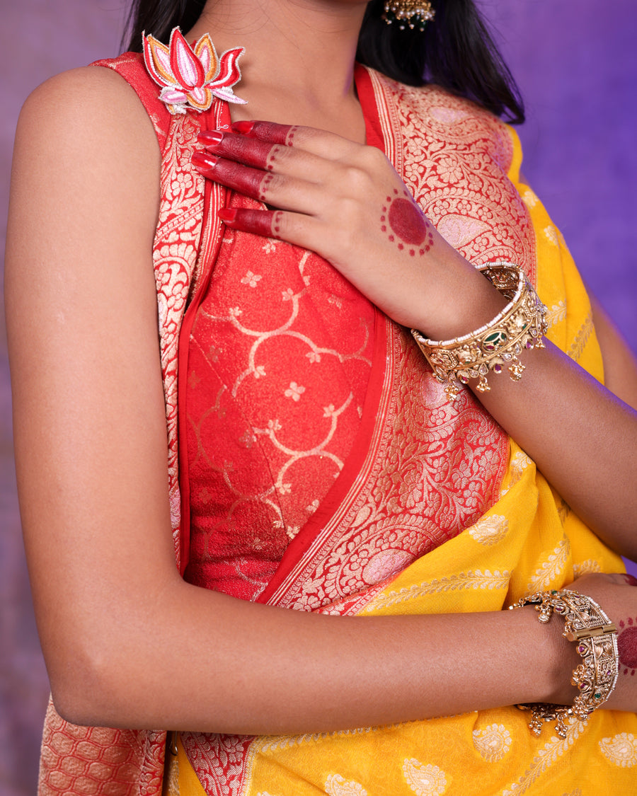 Sunlit Banarasi Yellow Saree with Red Zari Border