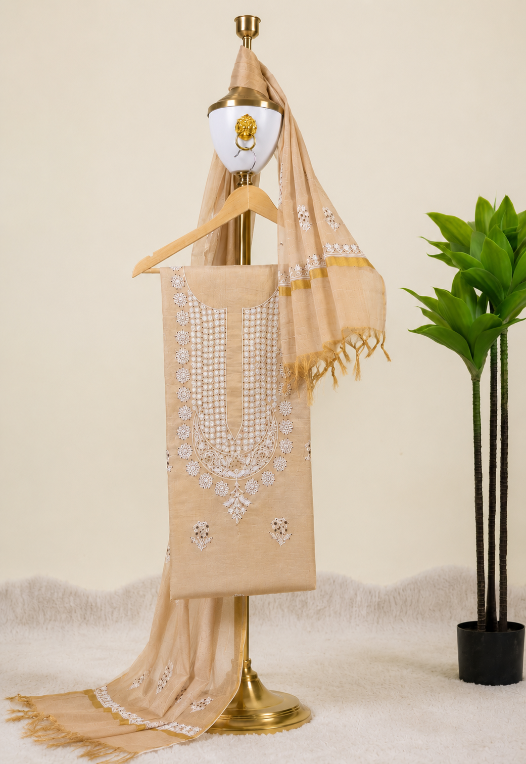Beige Chikankari Unstitched Kurta & Dupatta