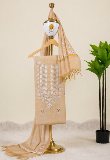 Beige Chikankari Unstitched Kurta & Dupatta