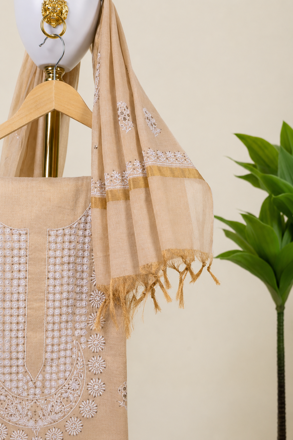 Beige Chikankari Unstitched Kurta & Dupatta