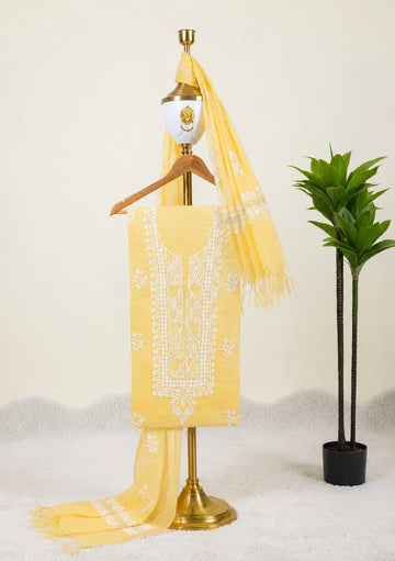 Butter Yellow Chikankari Unstitched Kurta Dupatta Set