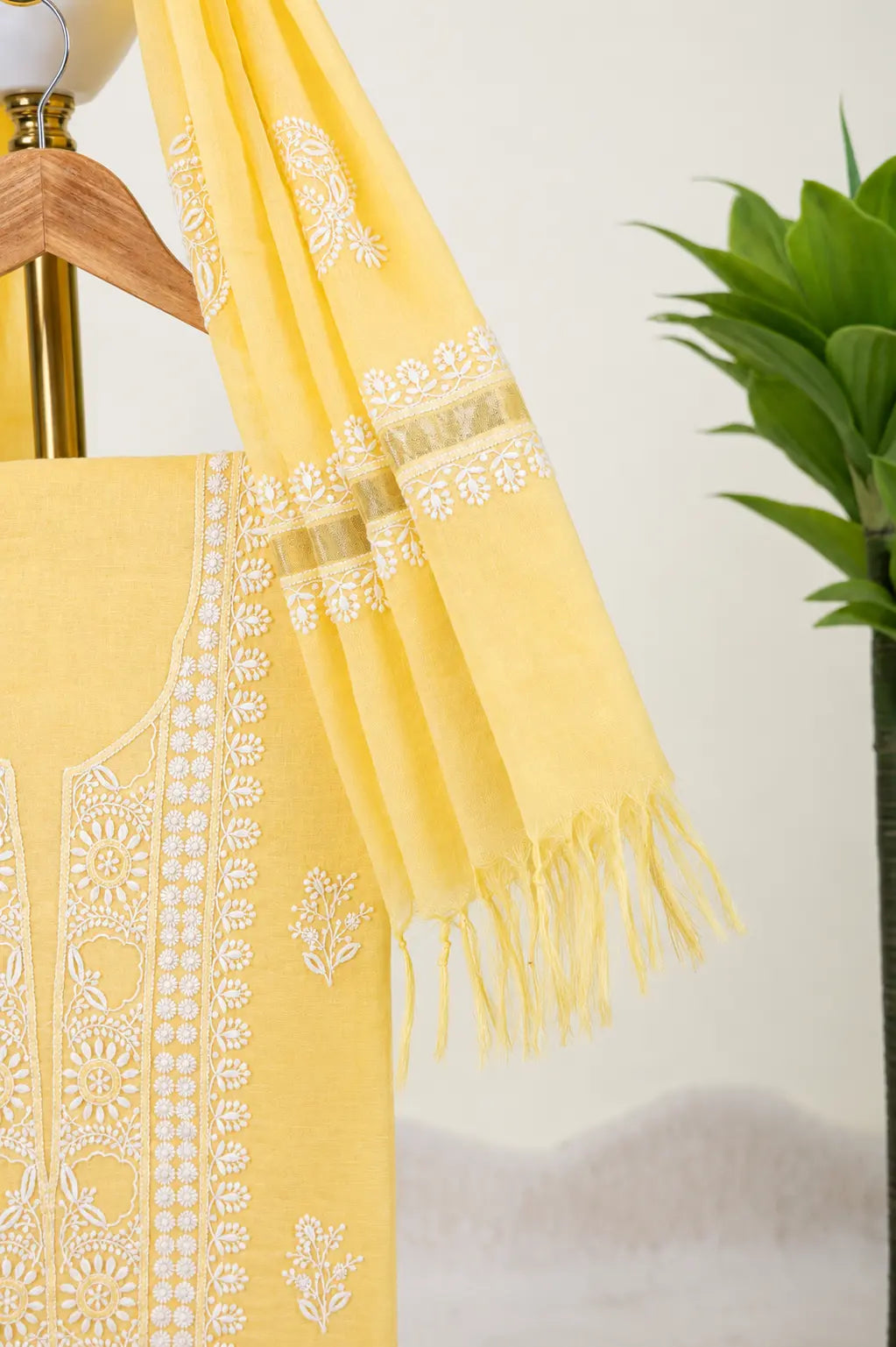 Butter Yellow Chikankari Unstitched Kurta Dupatta Set