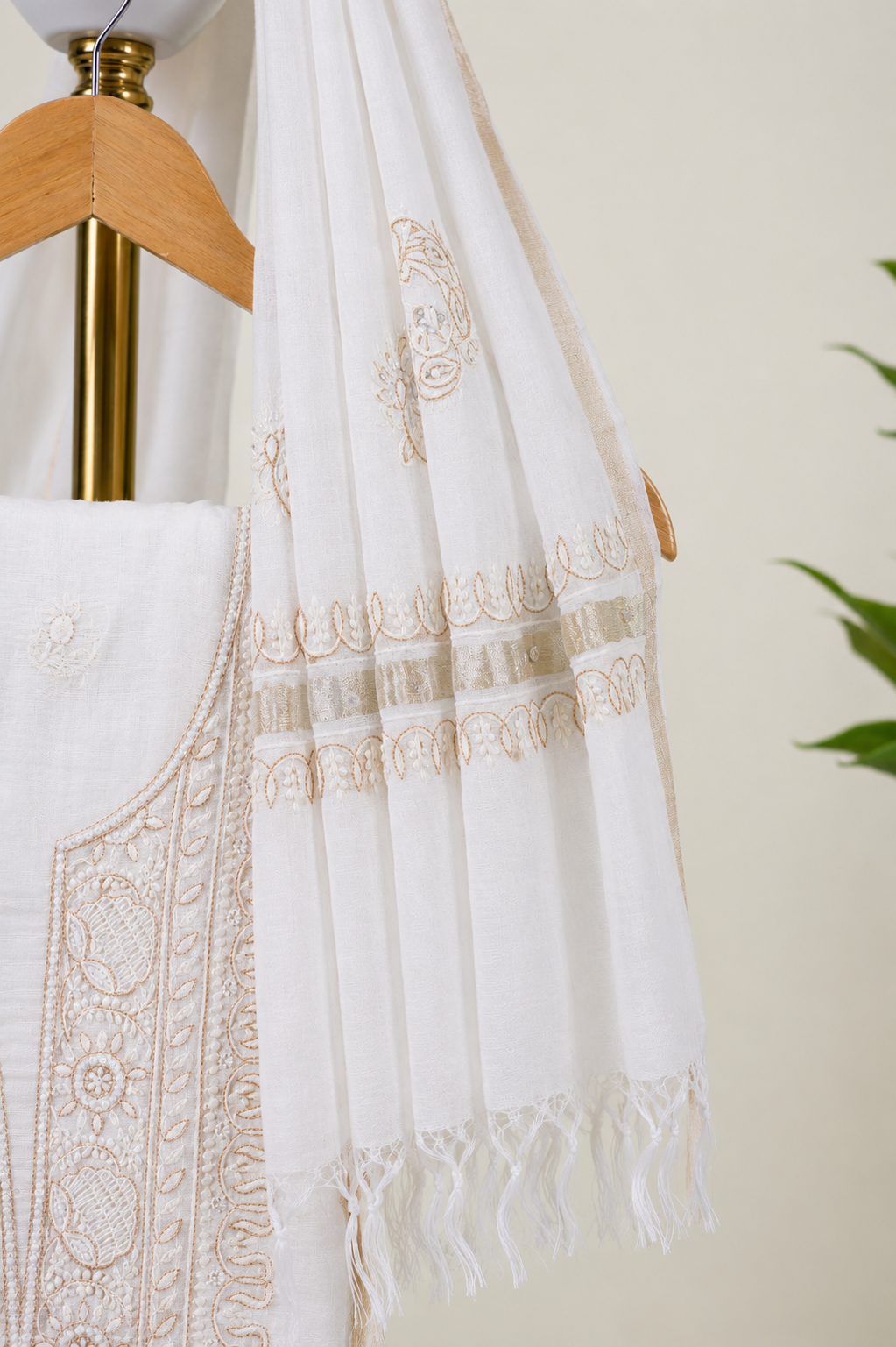 Ivory White Chikankari Unstitched Kurta & Dupatta