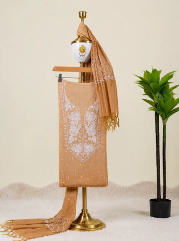 Camel Beige Chikankari Unstitched Kurta & Dupatta