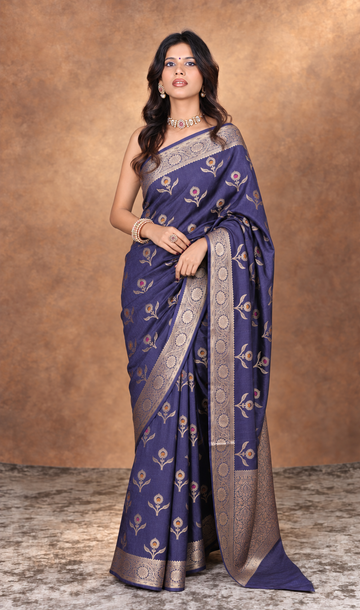 Midnight Bloom Banarasi Silk Saree with Zari Floral Pallu