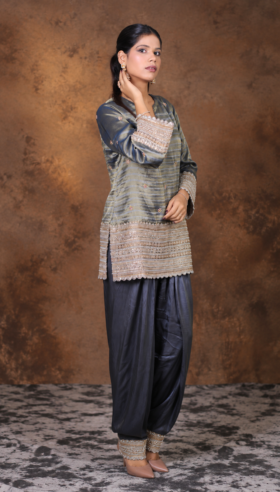 Slate Grey Embroidered Kurta with Palazzo Pants