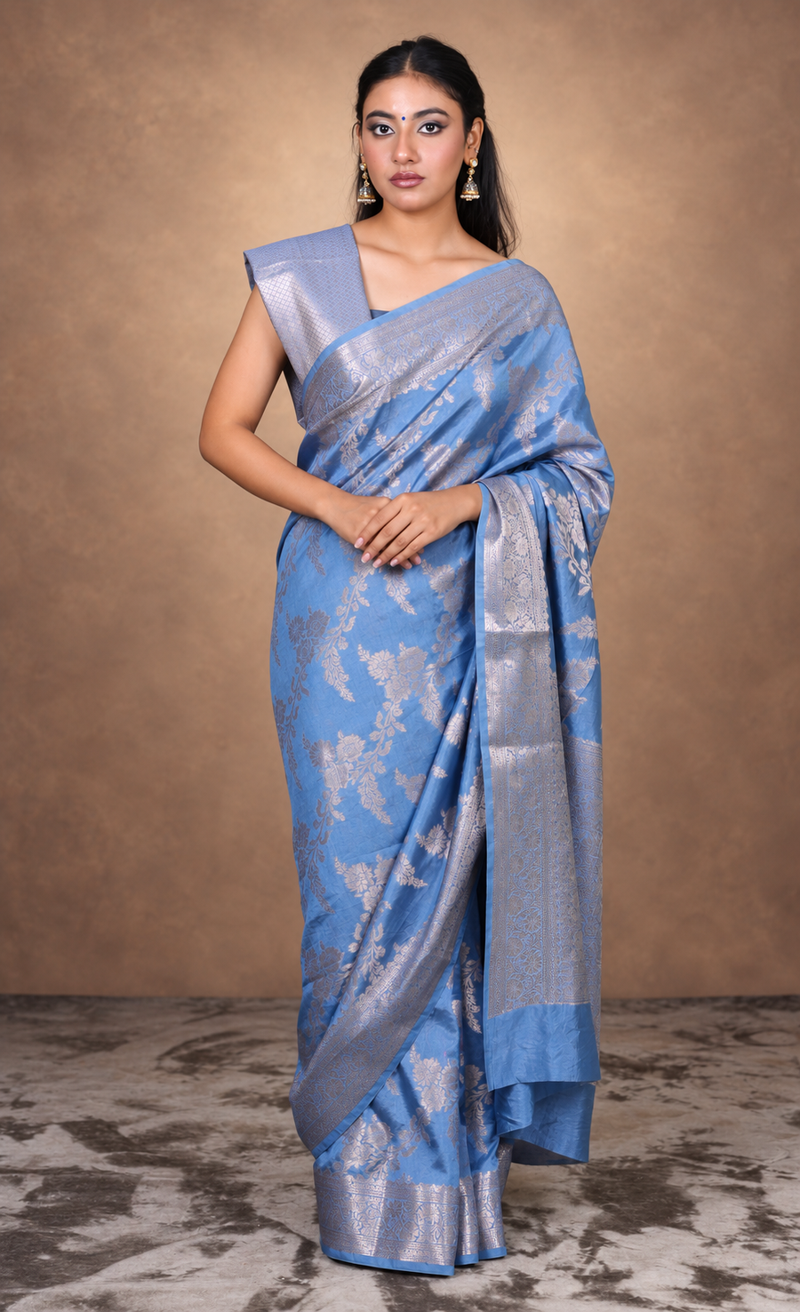 Royal Slate Blue Banarasi Floral Brocade Saree
