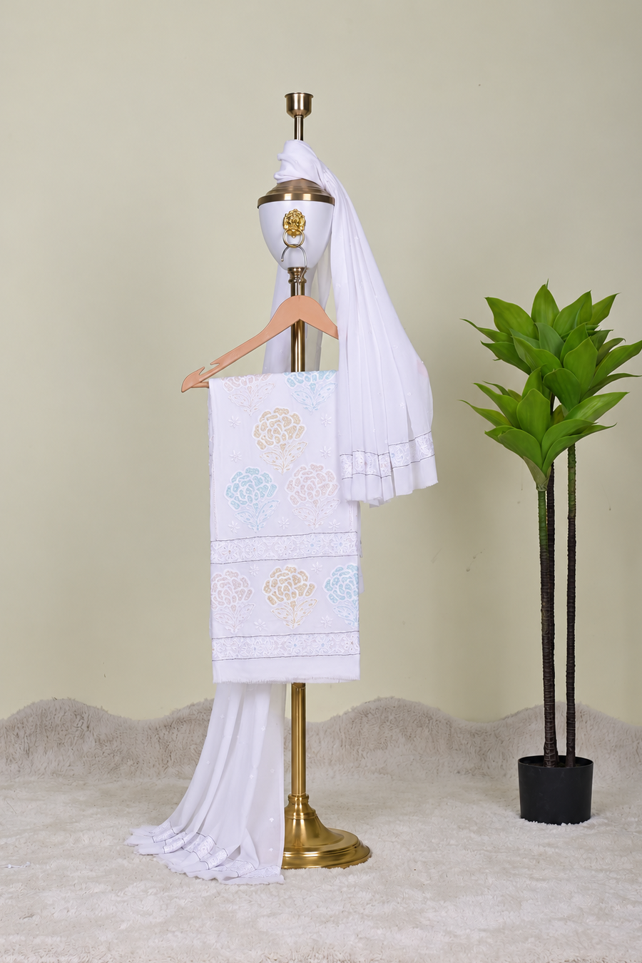 White Floral Embroidered Suit Set with Pastel Blue & Golden Accents