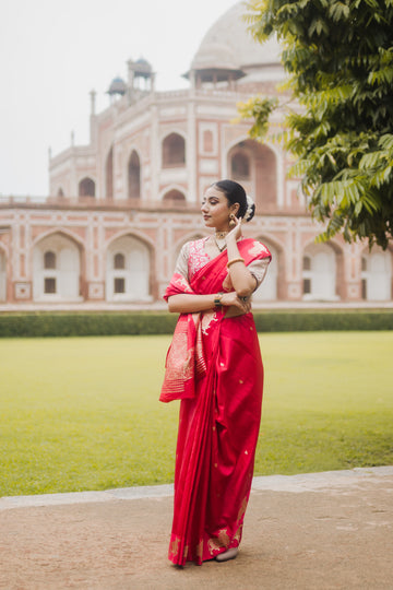 Ruby Red Banarasi Silk Saree with Gold Zari Buti