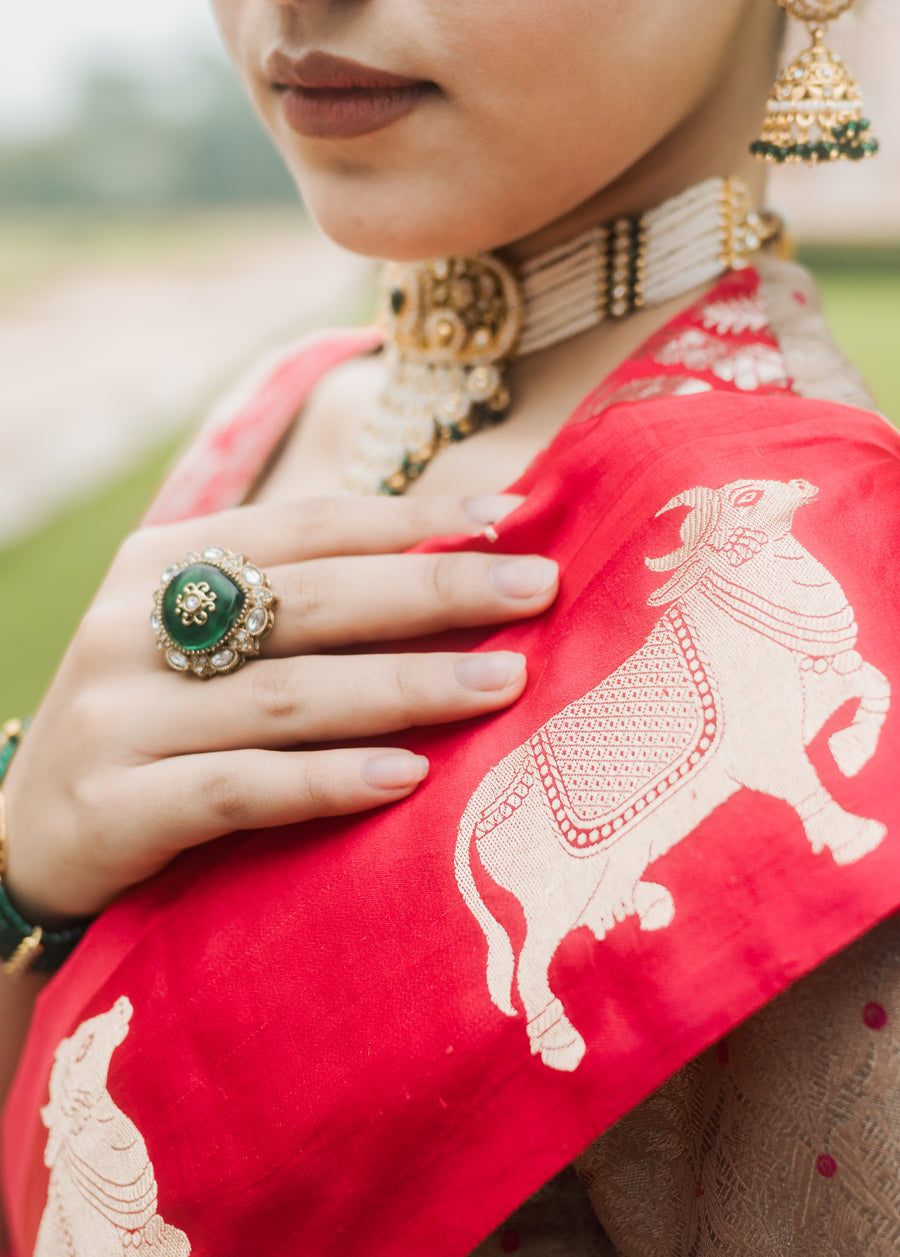 Ruby Red Banarasi Silk Saree with Gold Zari Buti