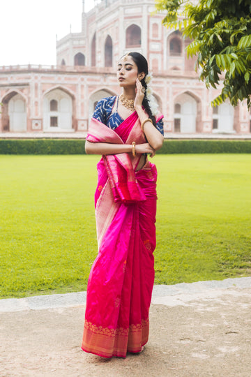 Rani Pink Banarasi Silk Saree with Gold Zari Border