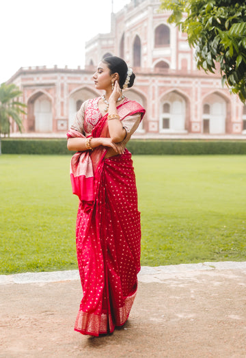 Ruby Pink Banarasi Silk Saree with Gold Zari Buti