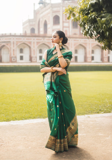 Emerald Green Banarasi Silk Saree with Gold Zari Border