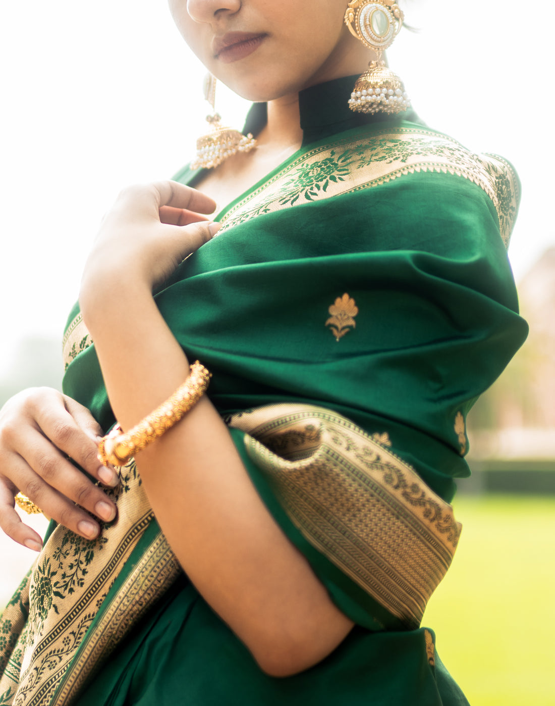 Emerald Green Banarasi Silk Saree with Gold Zari Border