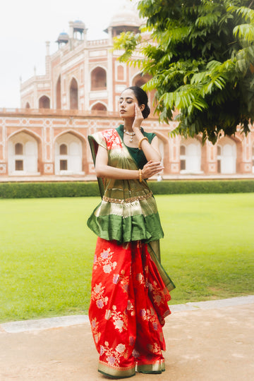 Crimson Red & Olive Green Banarasi Silk Saree