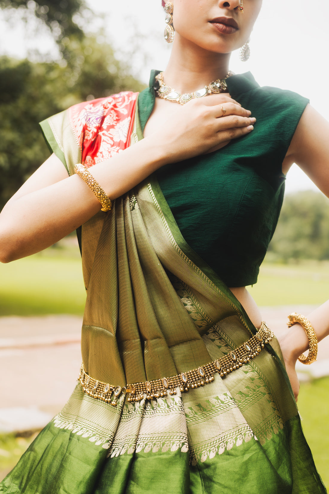 Crimson Red & Olive Green Banarasi Silk Saree