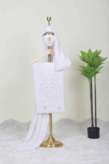 White Chikankari Handwork  with detail ada work Unstitched Suit Set with Dupatta