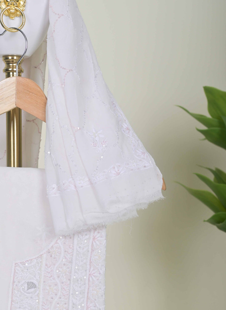 White Chikankari Handwork  with detail ada work Unstitched Suit Set with Dupatta