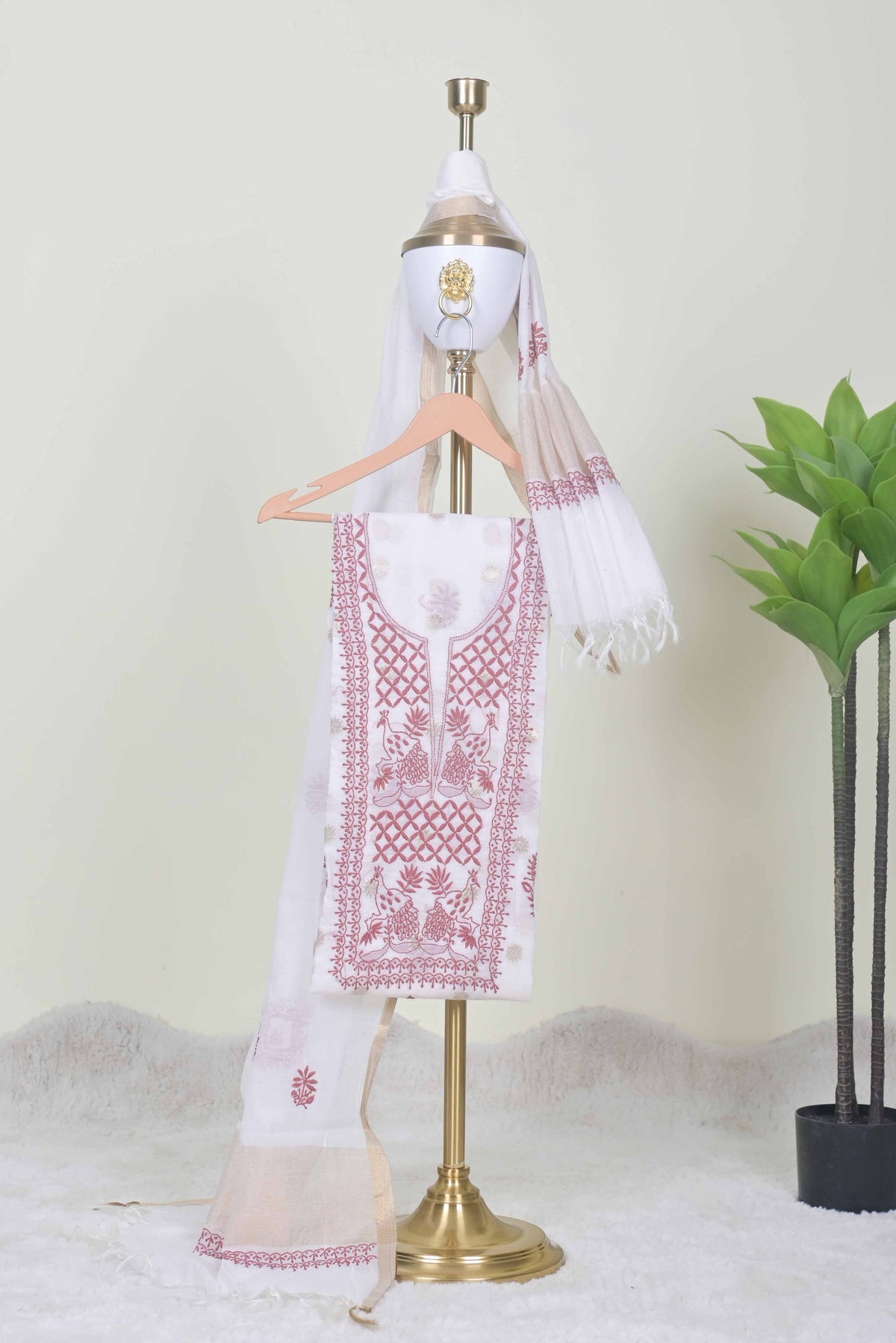 WhiteChikankari Handwork Unstitched Suit Set with Dupatta