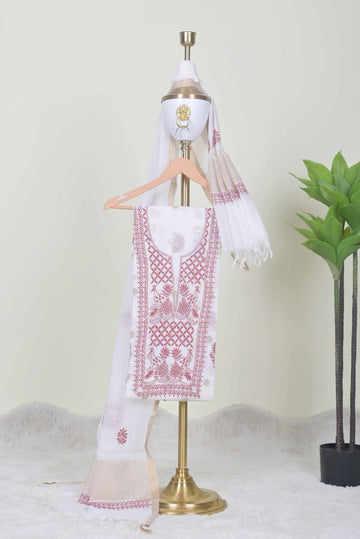 WhiteChikankari Handwork Unstitched Suit Set with Dupatta