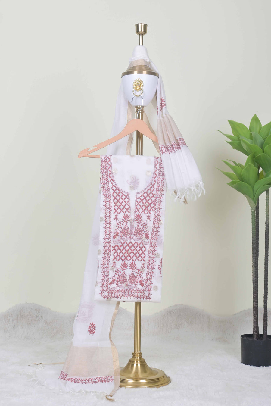 WhiteChikankari Handwork Unstitched Suit Set with Dupatta