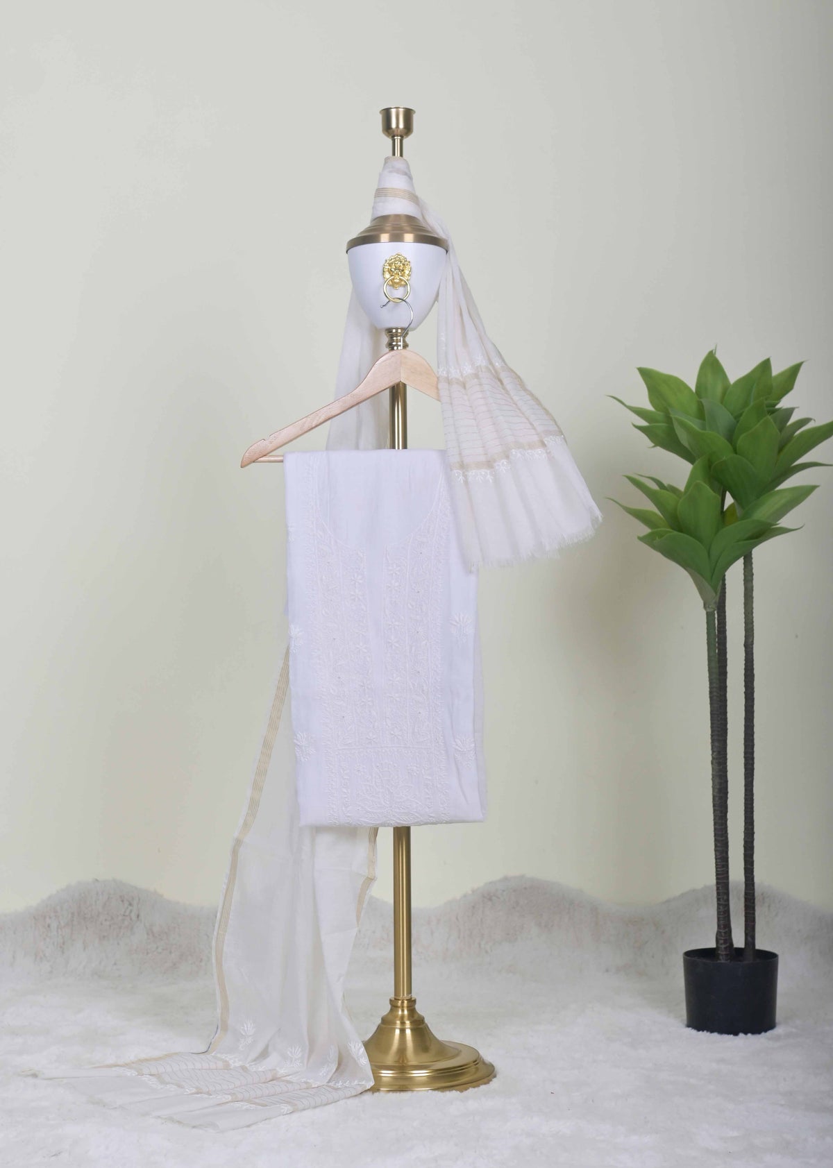White Chikankari Handwork Unstitched Suit Set with Dupatta