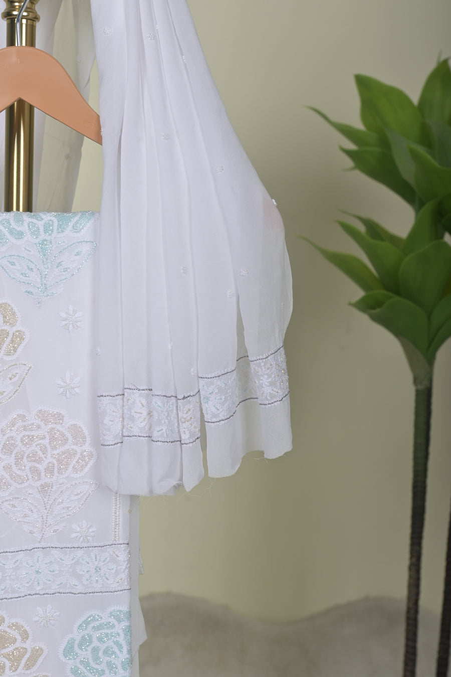 White Floral Embroidered Suit Set with Pastel Blue & Golden Accents