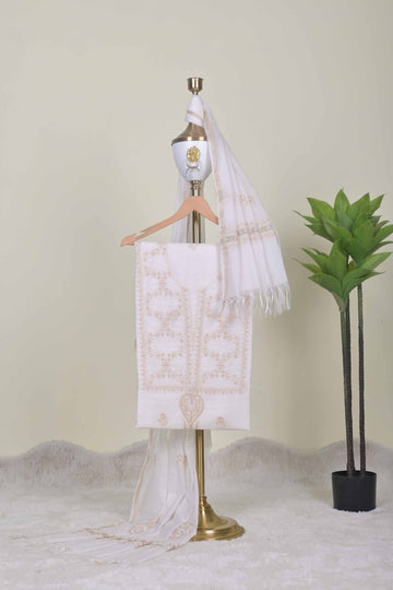 White Suit Set with Golden Chikankari Embroidery and Dupatta