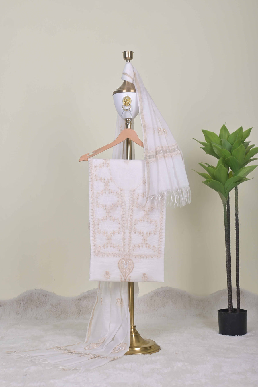 White Suit Set with Golden Chikankari Embroidery and Dupatta
