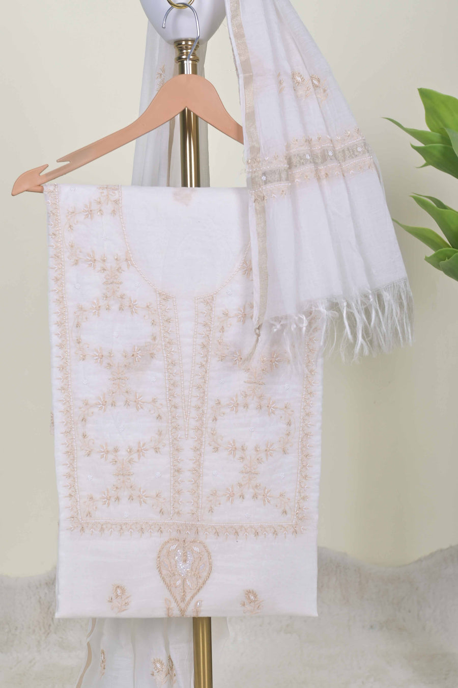 White Suit Set with Golden Chikankari Embroidery and Dupatta