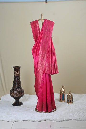Rani Pink Banarasi-Style Saree with Antique Gold Zari Border