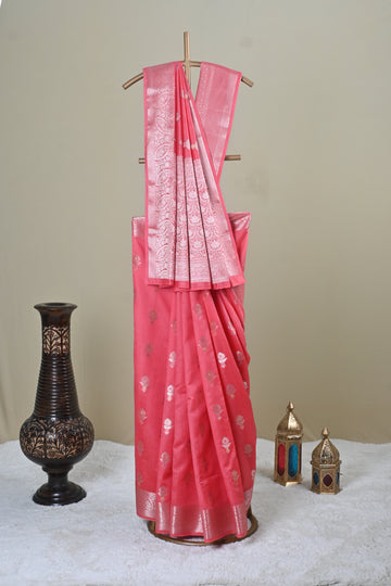 Coral Pink Banarasi Silk Saree with Silver Zari Floral Buti & Ornate Border