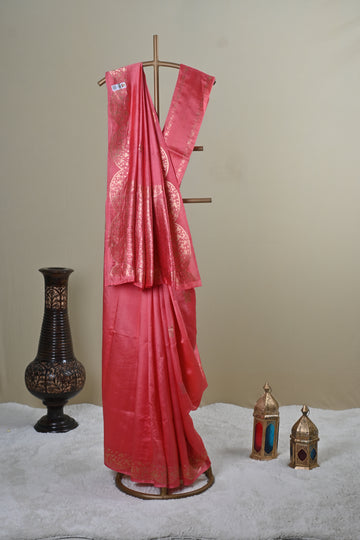 Coral Pink Silk-Blend Saree with Golden Zari Woven Border