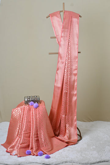 Peach Pink Banarasi-Style Silk Saree with Golden Zari Weaving