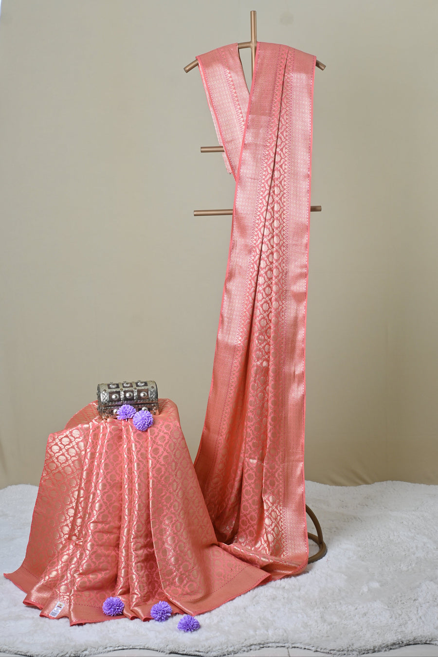Peach Pink Banarasi-Style Silk Saree with Golden Zari Weaving