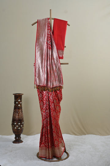 Red Banarasi Silk Saree with Multicolour Floral Zari Weaving