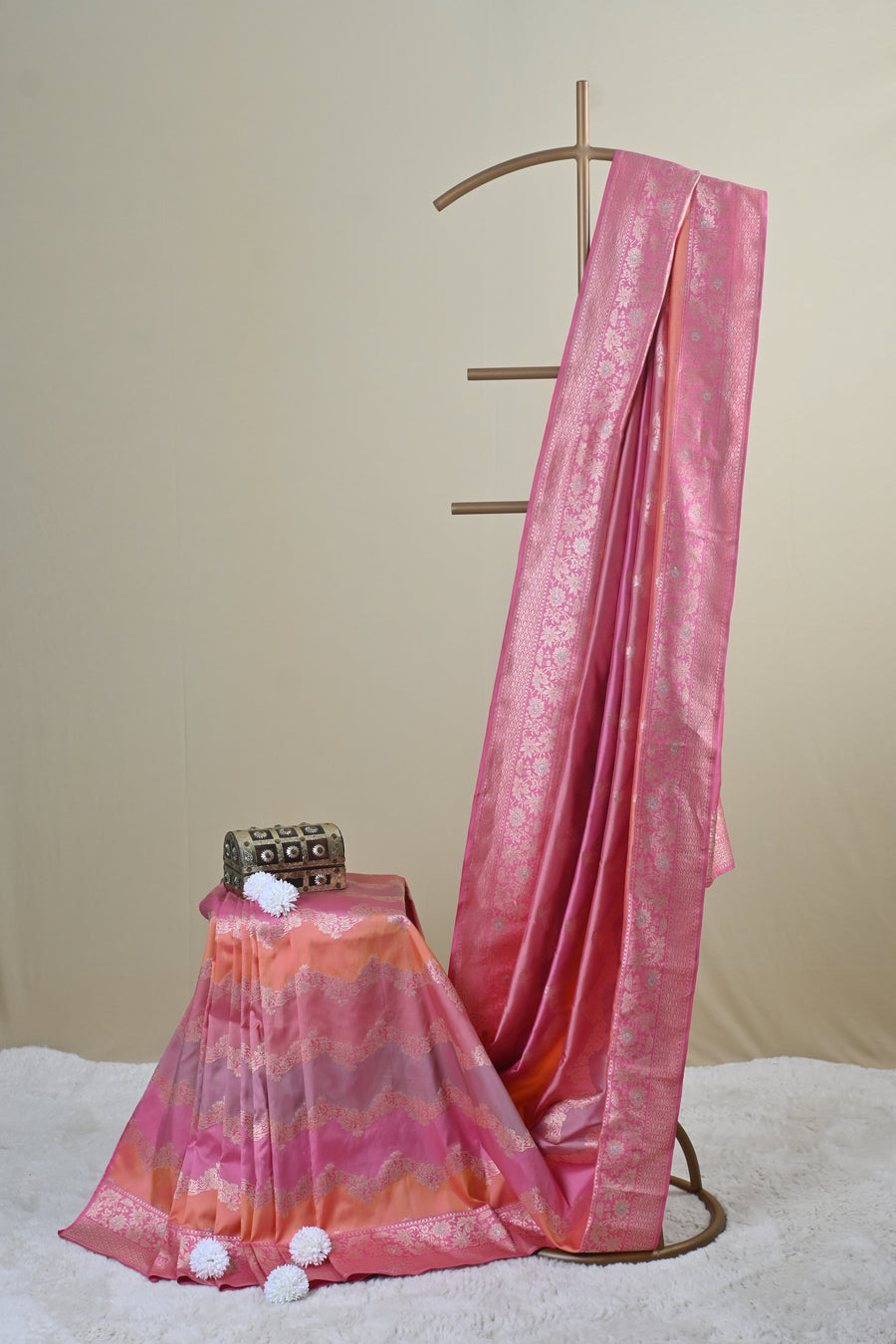 Pink and Peach Banarasi Zari Woven Silk Saree