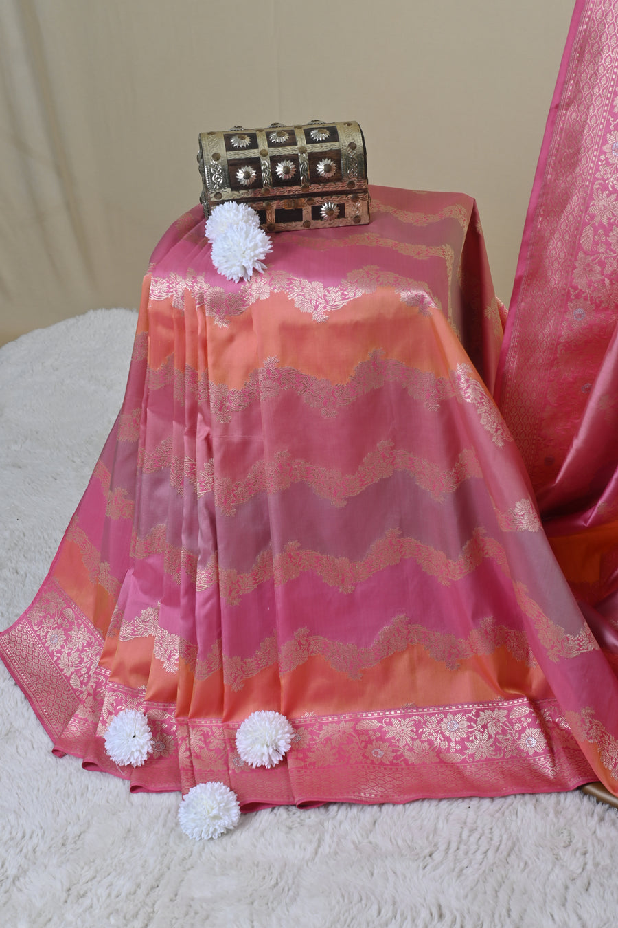 Pink and Peach Banarasi Zari Woven Silk Saree