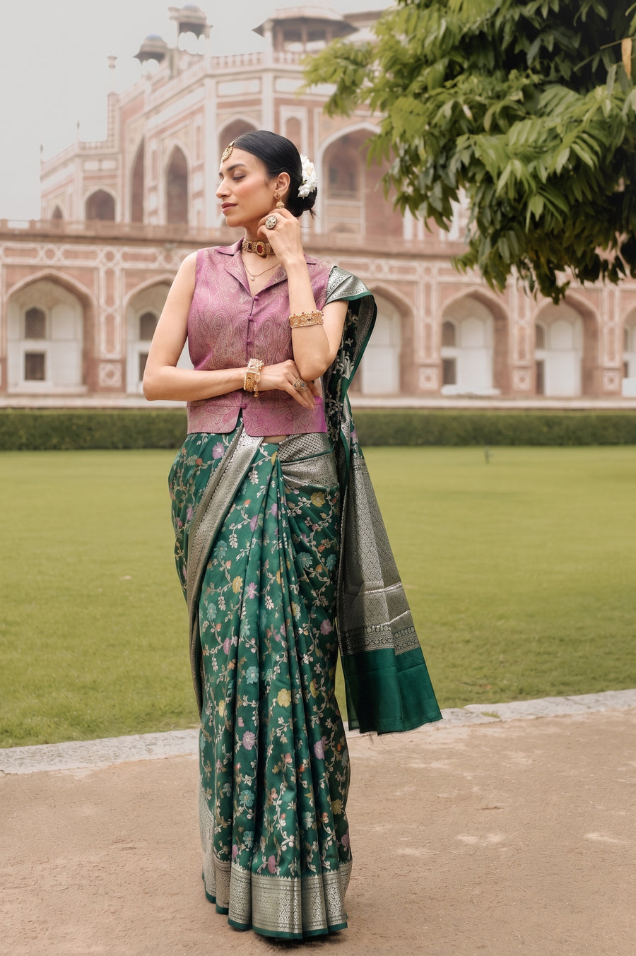 Emerald Green Floral Banarasi Silk Saree – Indian wear front view