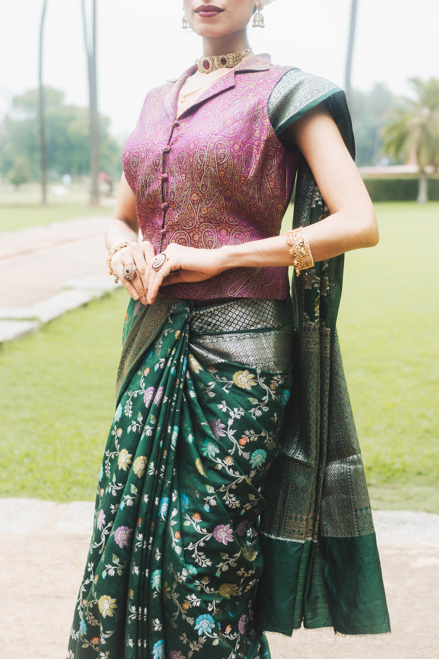 Emerald Green Floral Banarasi Silk Saree – Indian wear border details