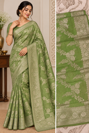 A woman wearing a sage green silk saree with intricate floral zari Brocade, shown in a split view with a full-body shot on the left and a close-up of the fabric pattern on the right.