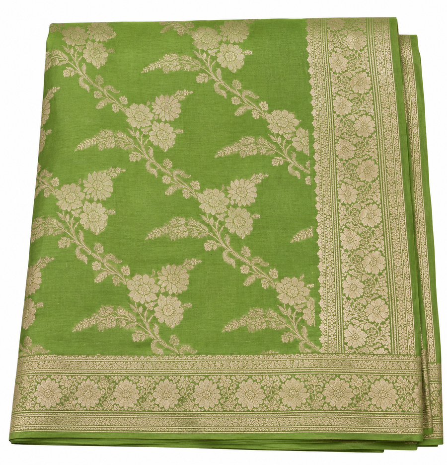 A folded green Banarasi silk saree with beige floral zari Brocade saree and a detailed border, displayed on a clean white background.
