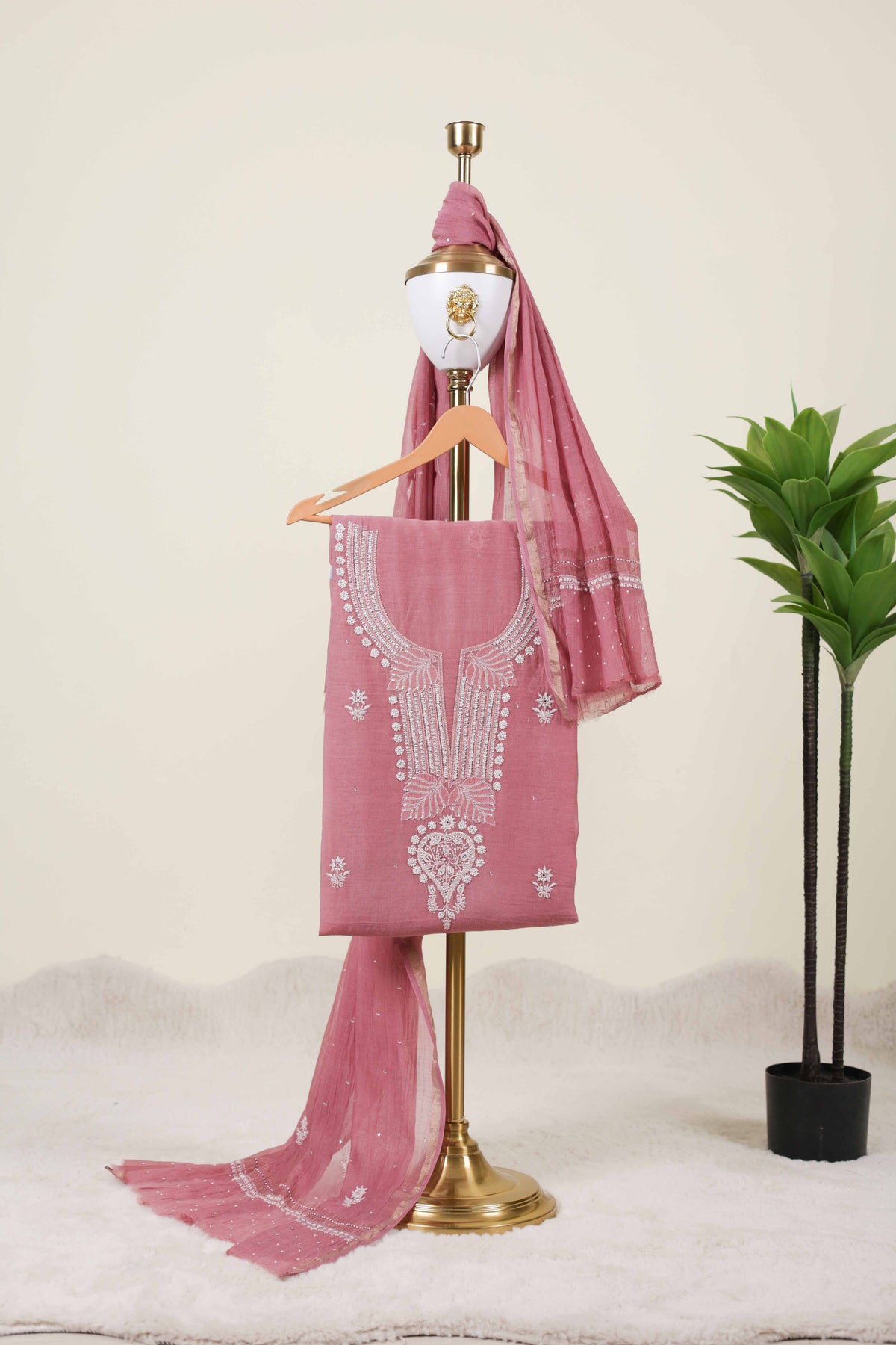 Dusty Rose Chikankari Handwork Unstitched Suit Set with Dupatta