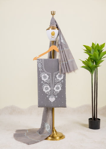 Slate Grey Chikankari Unstitched Kurta & Dupatta