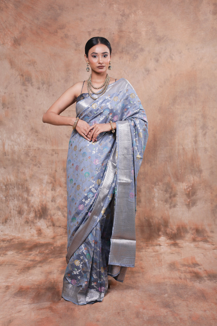 Serene Silver Floral Woven Saree