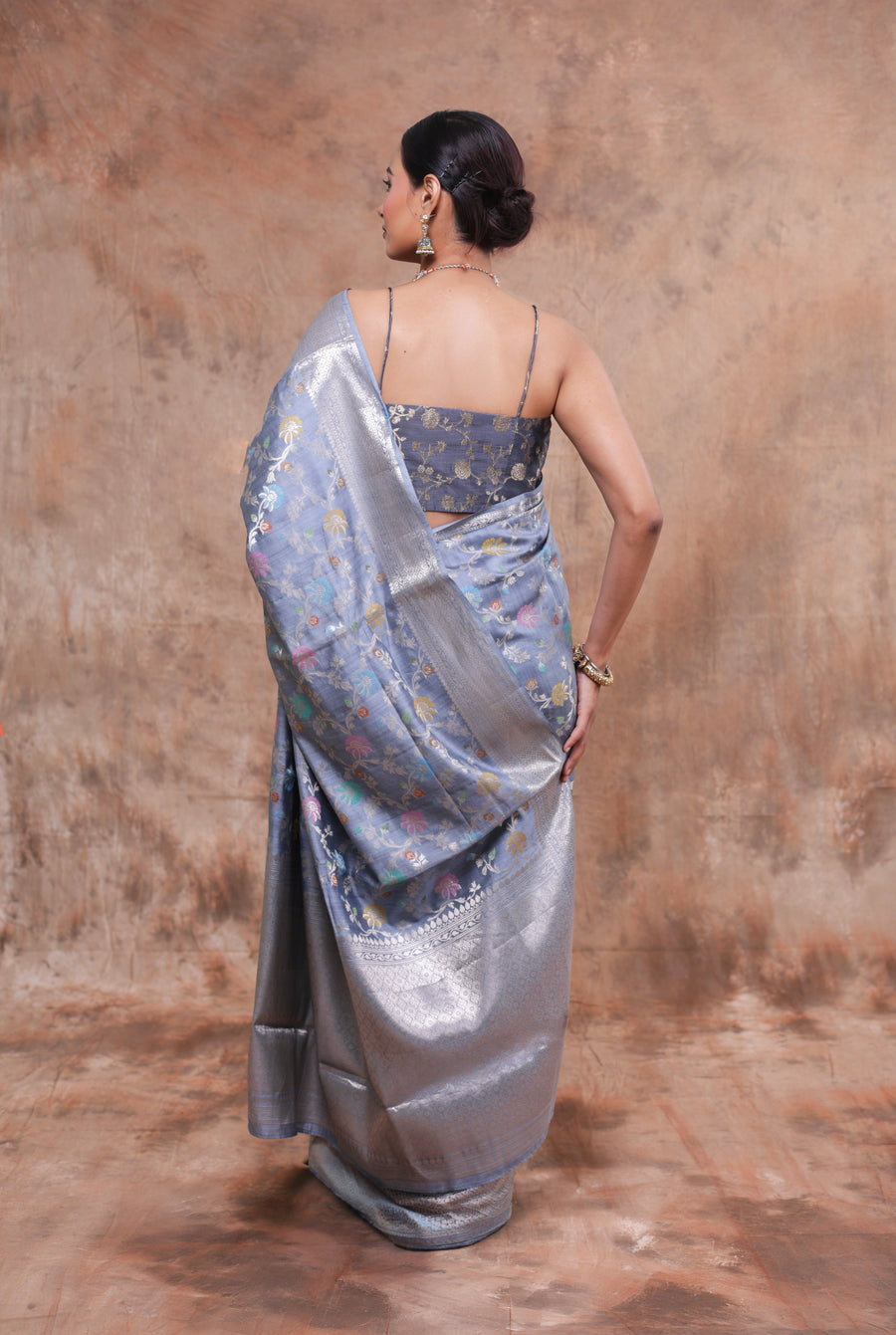 Serene Silver Floral Woven Saree